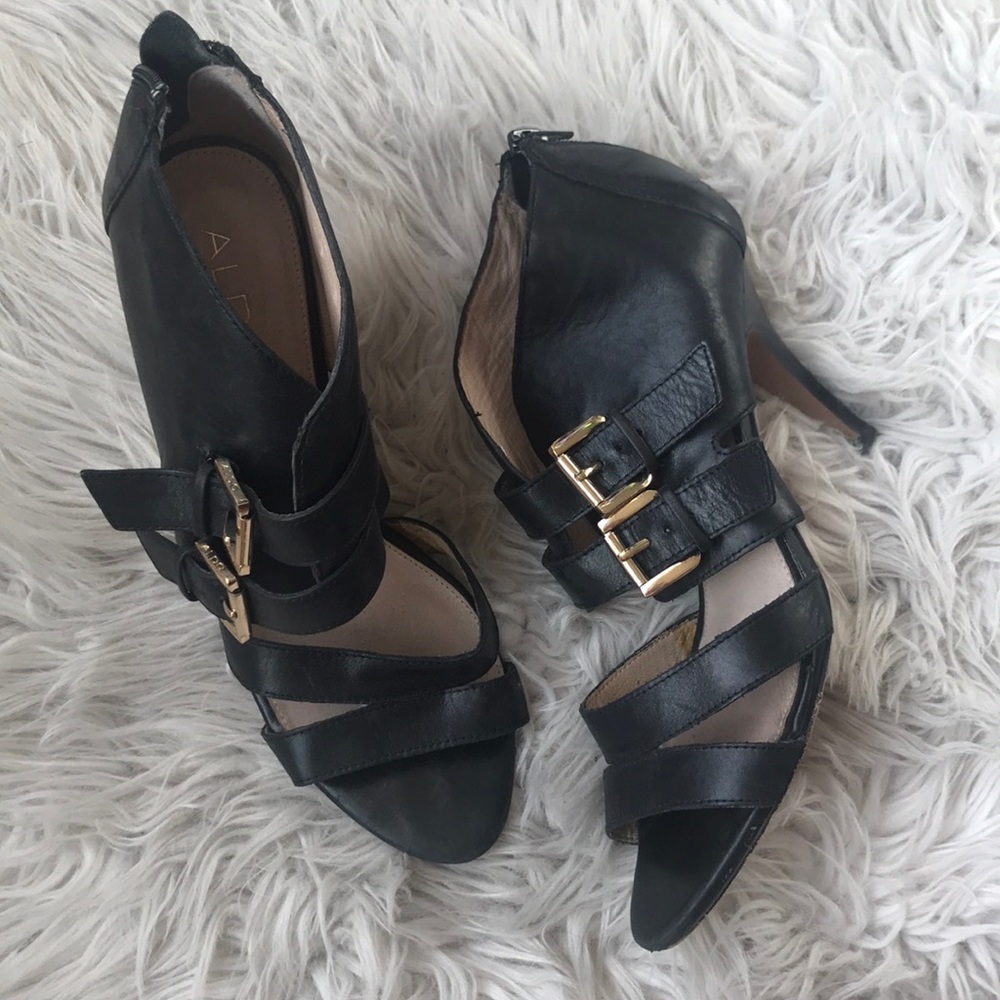 Aldo Strappy Leather Gold Buckle Heel Black Zipper